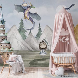 Magische Drachen und Schloss Abenteuer Kinder Tapete Wandbild-C43