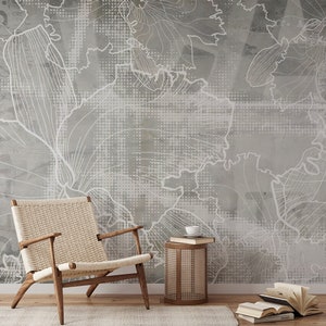 Gray Flower Wallpaper - Grey Abstract Floral on Concrete Wall Mural - Modern Home Decor Self Adhesive Wallpaper B770
