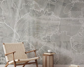 Gray Flower Wallpaper - Grey Abstract Floral on Concrete Wall Mural - Modern Home Decor Self Adhesive Wallpaper B770
