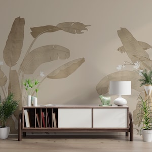 Beige Tropical Banana Leaves Wallpaper - Elegant Wall Décor for Modern Homes, Neutral Toned Plant Design B736