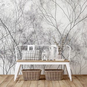 Modern Black Tree Branches Wallpaper – Peel and Stick Wallpaper - Elegant White Background B576