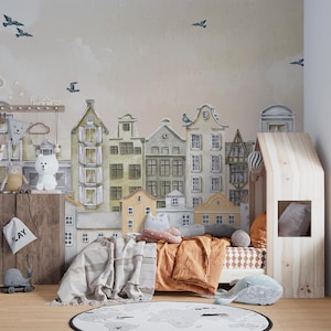 Papier peint autocollant Paysage urbain aquarelle pour chambre d'enfant-C330