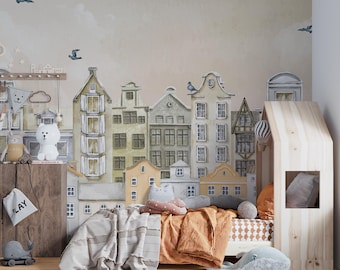 Aquarel kinderkamer stadsgezicht Peel-and-Stick behang muurschildering-C330