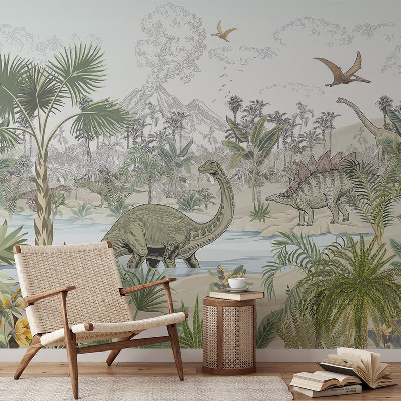 May include: A light green and brown dinosaur with a long neck stands in a jungle scene with a volcano in the background. The scene is painted on a light blue and gray wall with a wooden chair and a small table in the foreground.