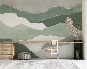 Green Mountain Wallpaper Mural: Abstract Watercolor Peel and Stick