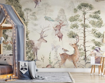Watercolor Forest Animal Wallpaper | Peel and Stick Nursery Mural