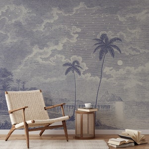 Tropical Night Landscape Wallpaper Mural: Starlit Beach Palm Trees