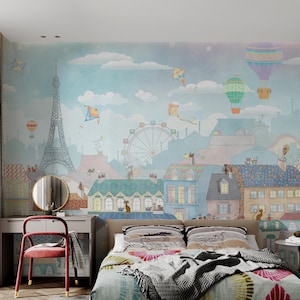 Carta da parati murale per bambini con stravagante paesaggio urbano di Parigi - AW62