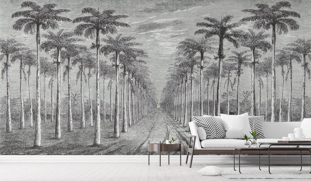 Tropical Forest Black and White Palm Leaves Wallpaper - Etsy