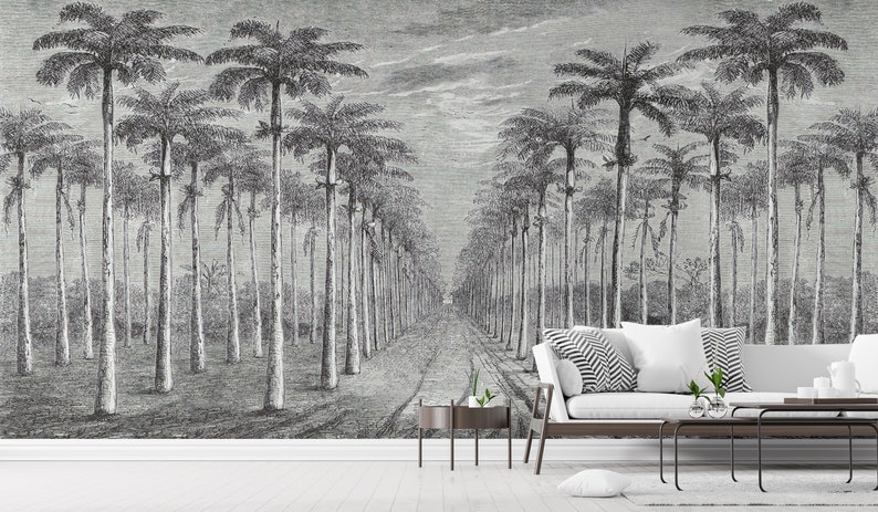 Tropical Forest Black and White Palm Leaves Wallpaper - Etsy
