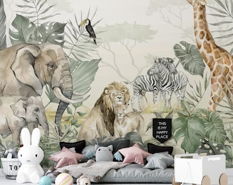 Watercolor Safari Wallpaper: Jungle Animals, Peel and Stick Nursery Decor