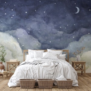 Cielo notturno stellato e luna crescente - Carta da parati murale acquerello - Decorazione per carta da parati per camera da letto serena - Carta da parati rimovibile