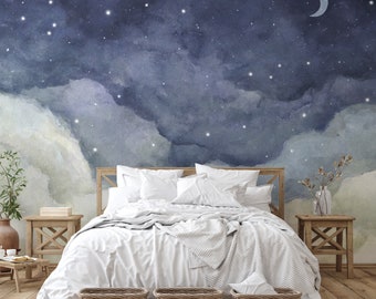 Starry Night Sky and Crescent Moon - Watercolor Wall Mural -  Serene Bedroom Wallpaper Decor - Removable Wallpaper