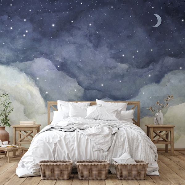 Starry Night Sky and Crescent Moon - Watercolor Wall Mural -  Serene Bedroom Wallpaper Decor - Removable Wallpaper