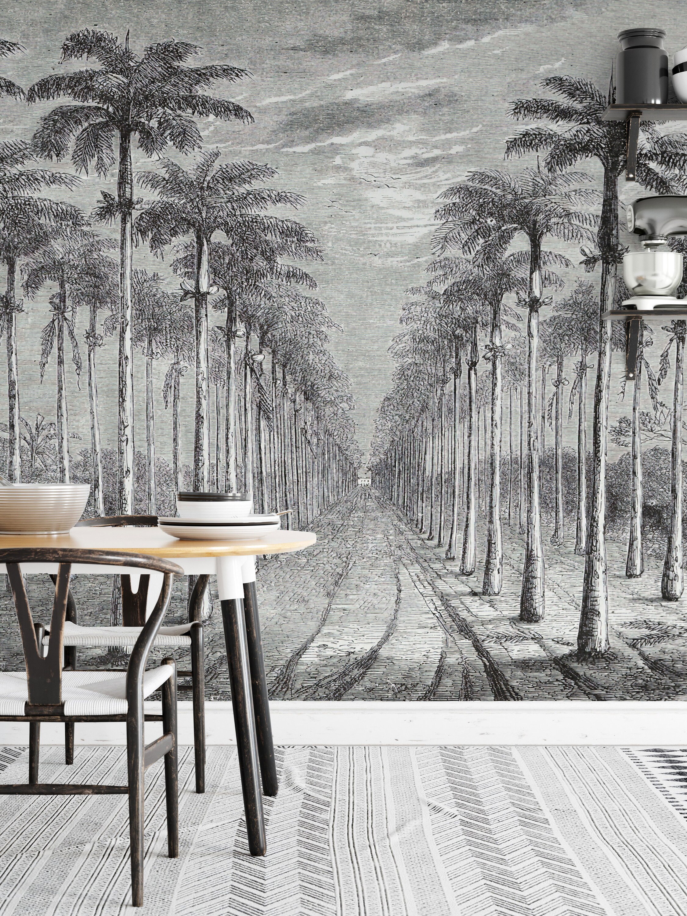 Tropical Forest Black and White Palm Leaves Wallpaper - Etsy