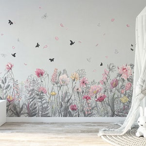 Peel and stick Pink Flower Wallpaper for kids-Girl Room Wall Décor Design Nursery Wallpaper Trendy Kids Room Wall Design