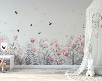 Pink Flower Wallpaper: Peel and Stick Nursery Wall Decor
