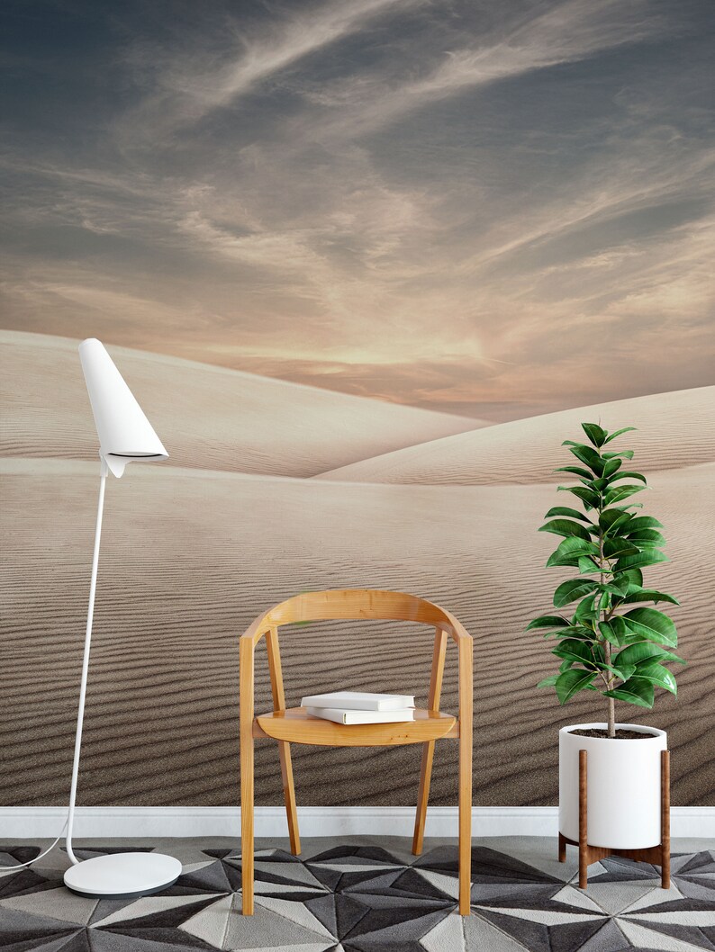 Sand dunes stretch across the horizon, creating a calm desert landscape mural for walls.