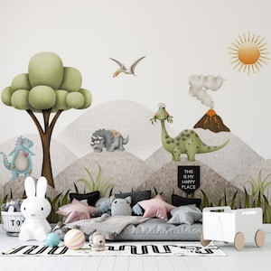 Whimsical Dinosaur Nursery Wallpaper - Cartoon Prehistoric Creatures and Volcano - Playful Children's Room Wall Decor