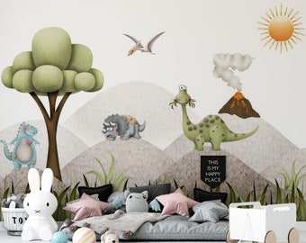 Whimsical Dinosaur Nursery Wallpaper - Cartoon Prehistoric Creatures and Volcano - Playful Children's Room Wall Decor
