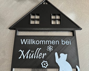 Türschild personalisiert zum Aufhängen | 3D-Druck Namensschild Katzenmotiv | Hausflur Dekoration | Perfekt als Deko oder Geschenk zum Einzug