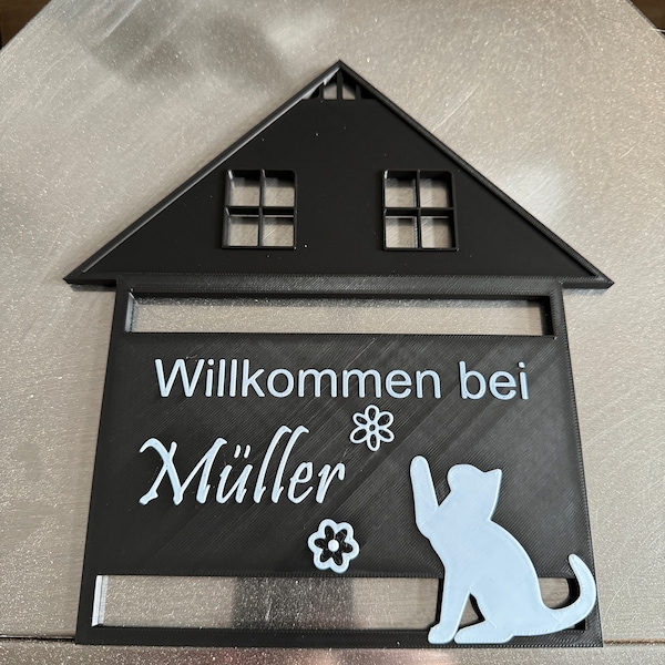 Türschild personalisiert zum Aufhängen | 3D-Druck Namensschild Katzenmotiv | Hausflur Dekoration | Perfekt als Deko oder Geschenk zum Einzug