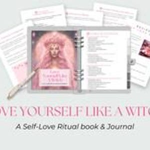 May include: A ring-bound planner titled Love Yourself Like A Witch, featuring a pink-toned illustration of a person with long hair on the cover, accompanied by a pen and several loose-leaf pages with printed text and small images.