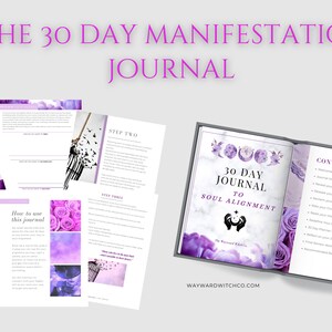 May include: A purple and white 30-day journal to soul alignment with the text "30 Day Journal to Soul Alignment" and "The Wayward Witch Co."