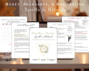 May include: A collection of printable spell and ritual guides for money, abundance, and manifesting. The guides feature a variety of spells, including an instant money spell, a credit card spell, and a rune spell. The guides are designed to help people attract wealth and prosperity into their lives.