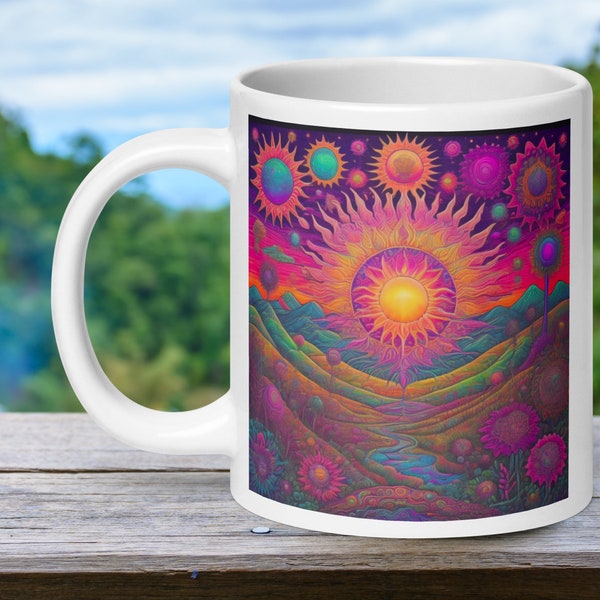 Psychedelic Sunrise Mug, Vibrant Colored Mug, Mountain Mug, Mountain Sunrise Mug, Psychedelic Cup