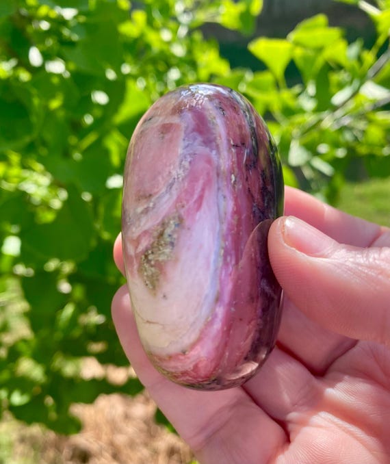 Amazing Color! Strawberry Pink Opal Crystal Palm Stone, Dendritic Pink Opal, from Peru