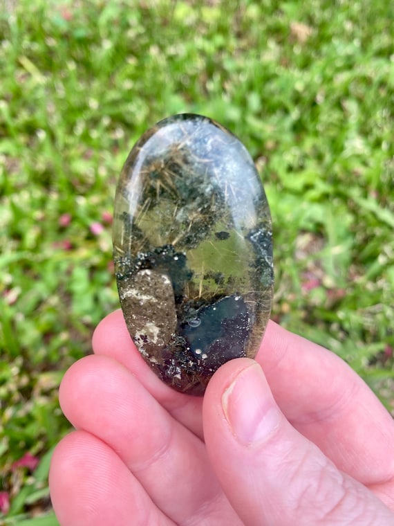 Himalayan Rutile Quartz with Green Chlorite Palm Stone, Himalayan Quartz, Rutile, Quartz, Crystal, No. 9