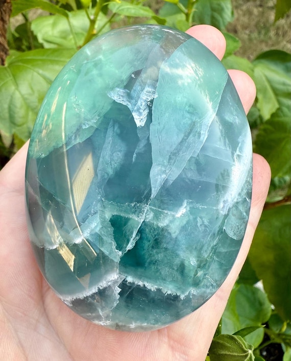 Fluorite Palm Stone: Hand Carved Crystal, Durango Mexico