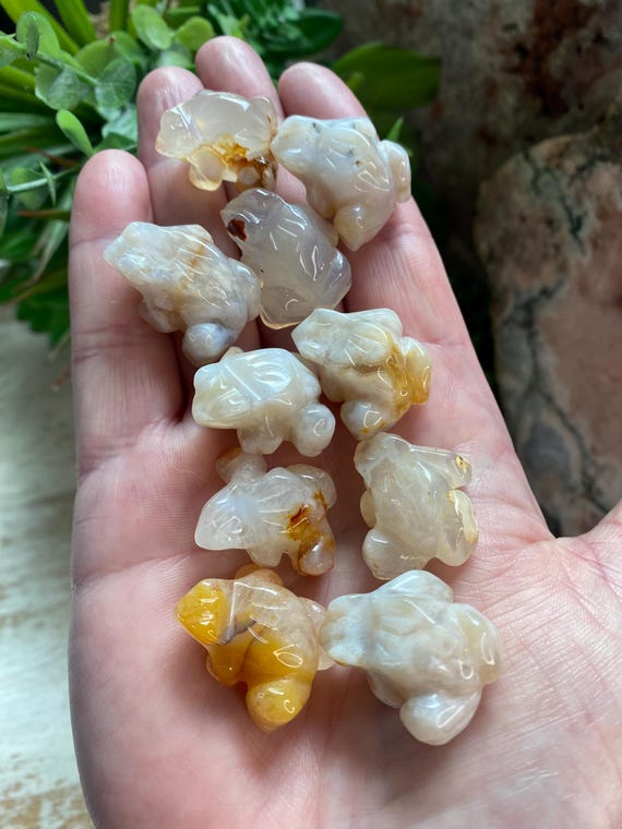 Mini Crystal Carved Frog: Flower Agate, Moss Agate