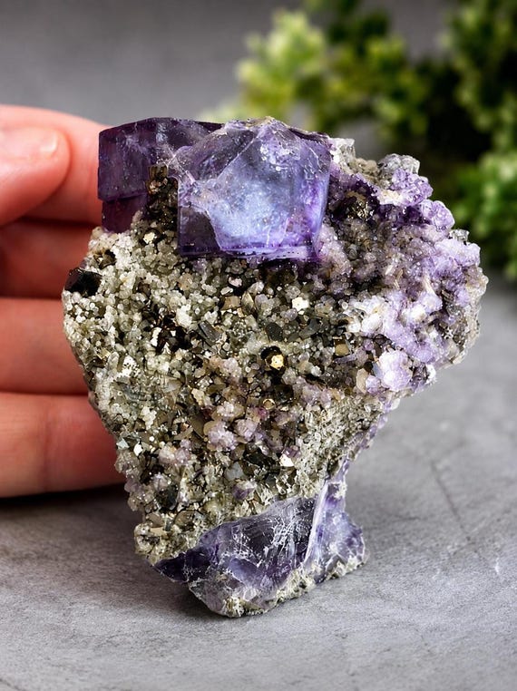 High Quality YGX Purple Fluorite Thumbnail with Pyrite and Quartz Inclutions