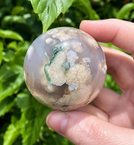 Flower Agate Sphere, 72mm Madagascar Crystal with Pink Druzy