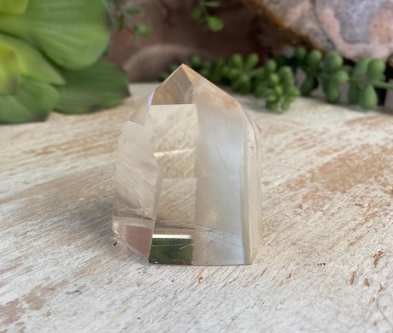 Pale Citrine Tower with White Amphibole Inclusions and Gold Rutile