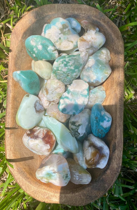 Green Flower Agate Tumbled Stone, Madagascar Crystal With Floral Patterns