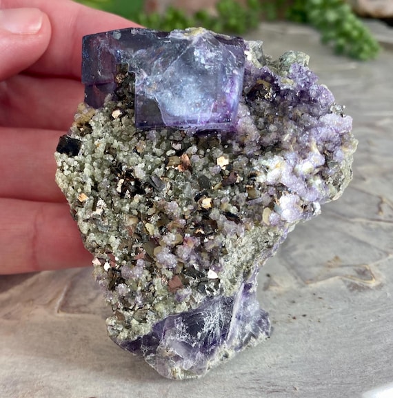 High Quality YGX Purple Fluorite Thumbnail with Pyrite and Quartz Inclutions