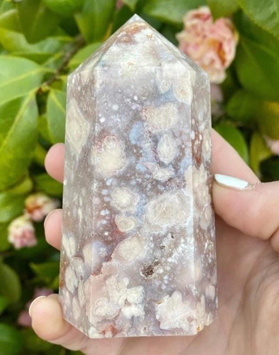 Flower Agate Tower, 382g Madagascar Crystal Point, Quartz Chalcedony, Natural