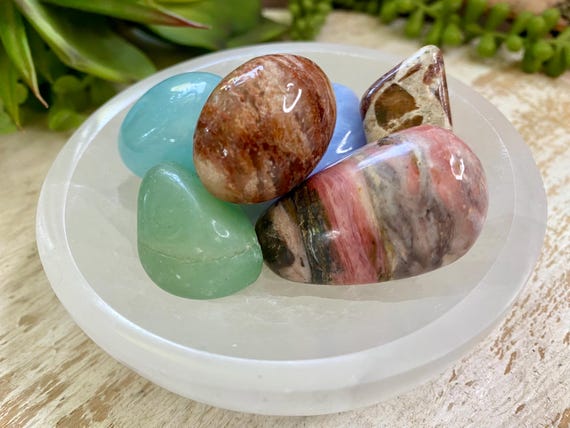 Mystery Tumble Stone Set With Selenite Dish, Mystery Crystals, Mystery Crystal Gift Set, Selenite Bowl