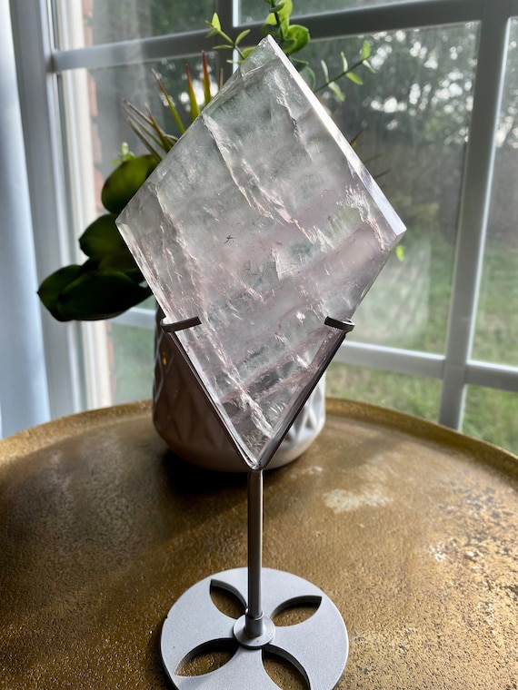 Gorgeous Large Hand Carved Lavender Fluorite Diamond with Custom Silver Stand