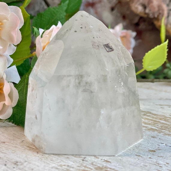 High Quality Clear Quartz Point with Pyrite Inclusions, Lodolite Quartz, Garden Quartz