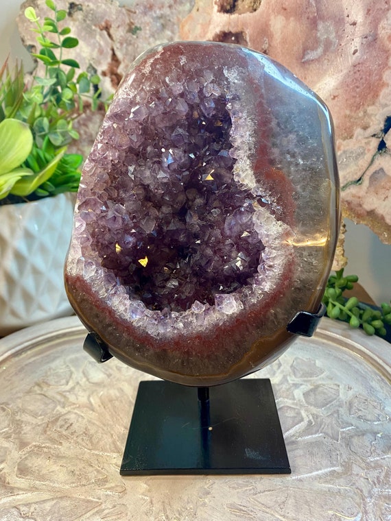 Top Grade Natural Amethyst Geode, Metallic Stand included