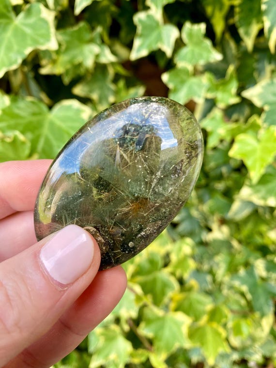 Himalayan Rutile Quartz with Green Chlorite Palm Stone, Himalayan Quartz, Rutile, Quartz, Crystal