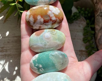 Beautiful Green Flower Agate Palm Stone, Green Flower Agate Crystal, Cherry Blossom Agate
