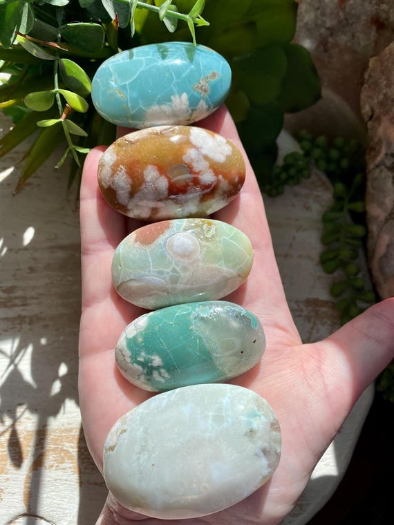 Beautiful Green Flower Agate Palm Stone, Green Flower Agate Crystal, Cherry Blossom Agate