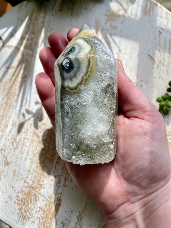 Amethyst Obelisk, Quartz Agate Druzy Tower, Semi-Polished 14.6 oz