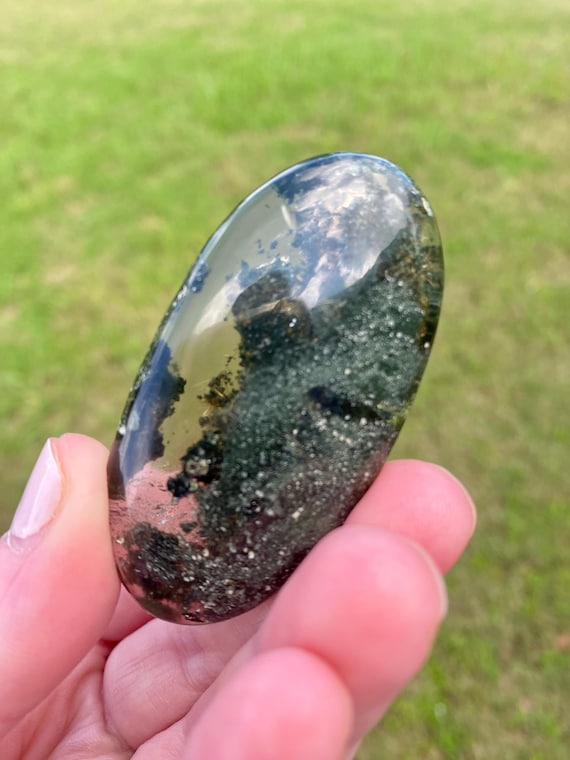 Himalayan Rutile Quartz with Green Chlorite Palm Stone, Himalayan Quartz, Rutile, Quartz, Crystal, No. 3