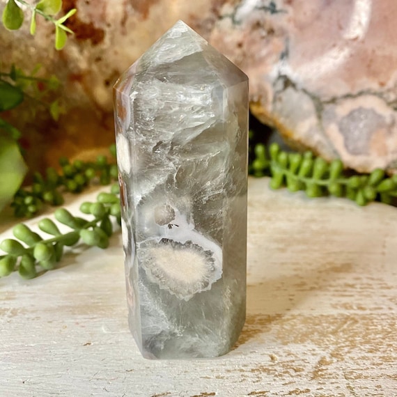 Flower Agate Tower, with Chlorite, Green Flower Agate, Crystal Tower, Crystal Point